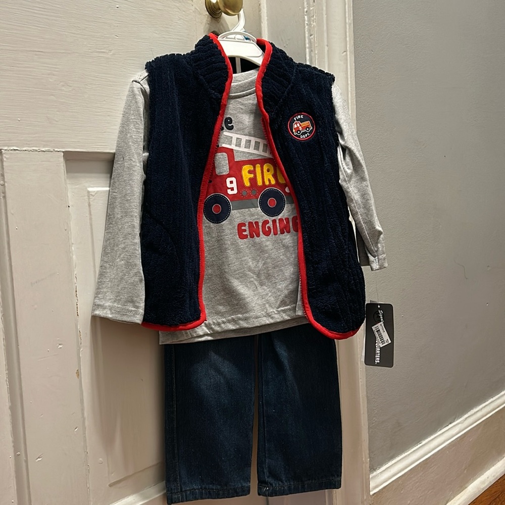 3 piece outfit size 24 m NWT-vest/long sleeve t-shirt/jeans- fire truck